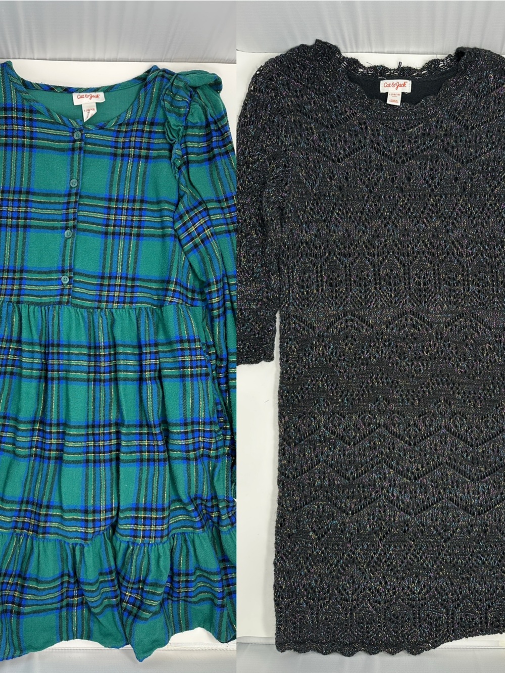 2 Cat & Jack girls Dresses size 10 12 - green plaid flannel; black sweater dress
